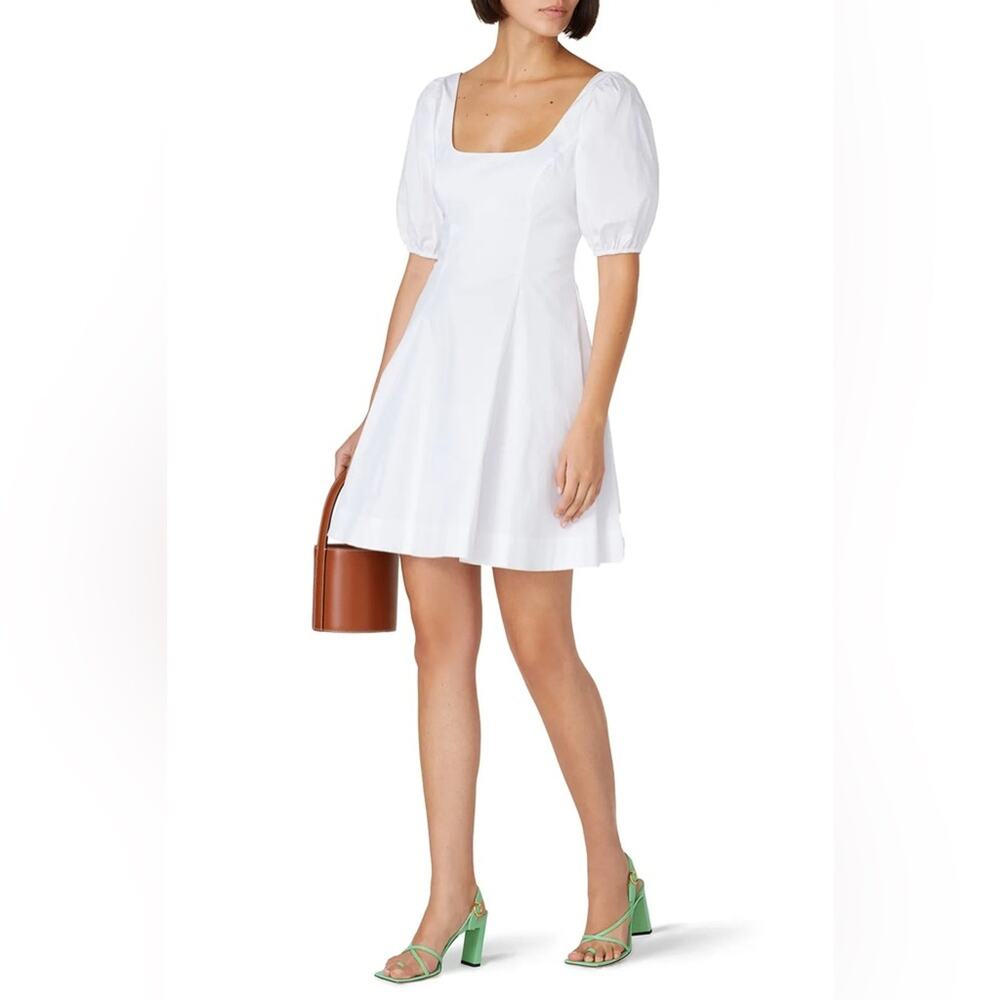 STAUD Laeila White Fit & Flare Short Puff Sleeves Mini Dress 10